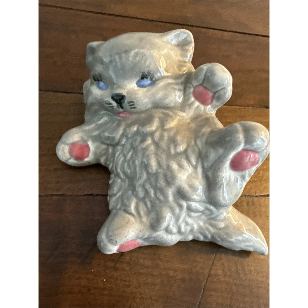 Vintage White Ceramic Persian Cat Pink Paws Blue Eyes Kitty Laying On Back